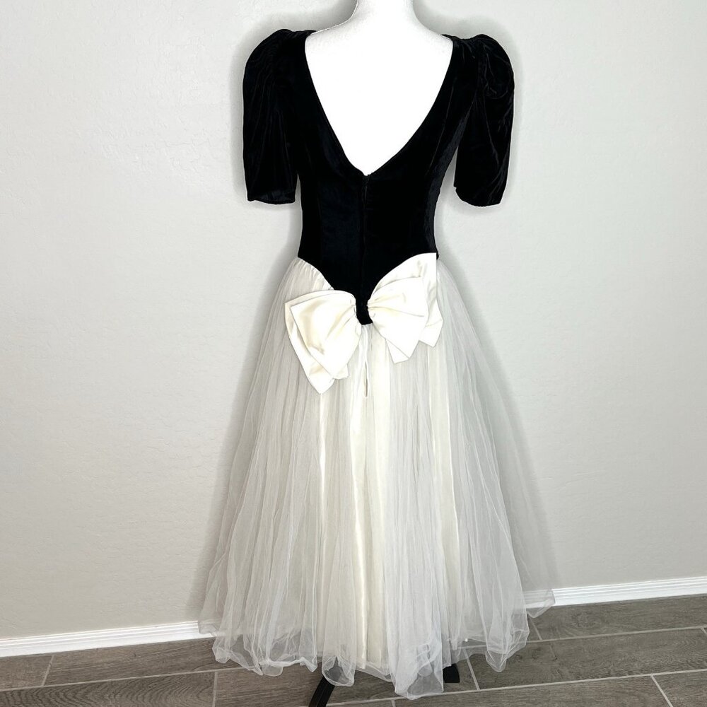 Vintage 1980s Black Velvet Tulle Retro Party Dress Small Puff Sleeve Bow Prom - Picture 3 of 11